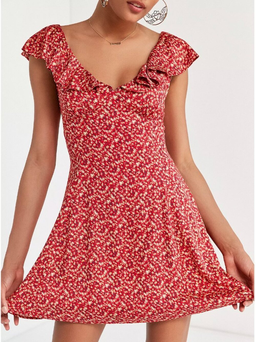 Urban Outfitters Kimchi Blue Red Floral Ruffle V-Back Dress
